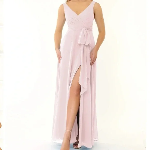NWT Azazie Pearl Pink Bianca Chiffon Gown Size 6 - Picture 2 of 12